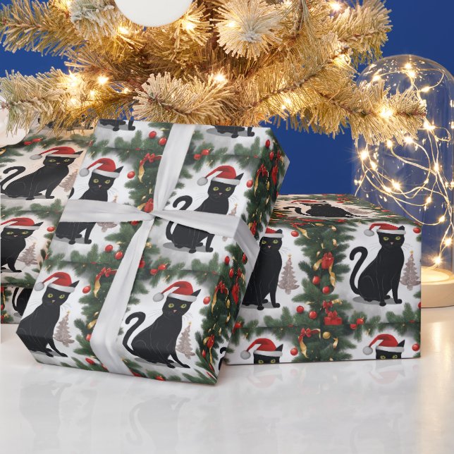  Black Cat with Christmas Tree and Ornaments Wrapping Paper (Holidays)