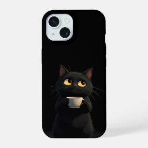 Black Cat with Coffee Mug Funny iPhone Case