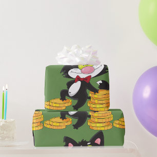 Black Cat With Coins Cute Money Character Wrapping Paper