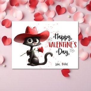Black Cat With Cowboy Hat Happy Valentines Day Holiday Card