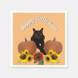Black Cat with Crossed Paws Pumpkins Halloween  Napkin