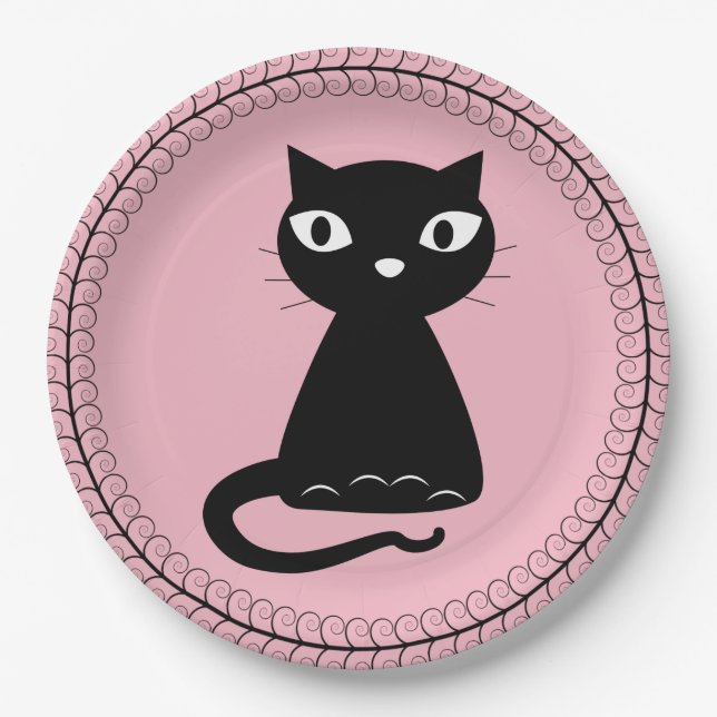 Black Cat with Curled Tail Paper Plate (Front)