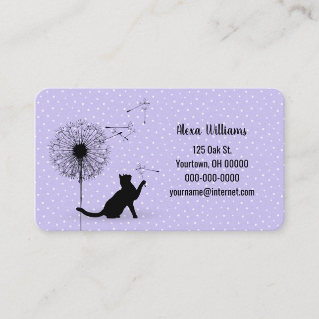 Black cat with dandelion on purple business card (Front)