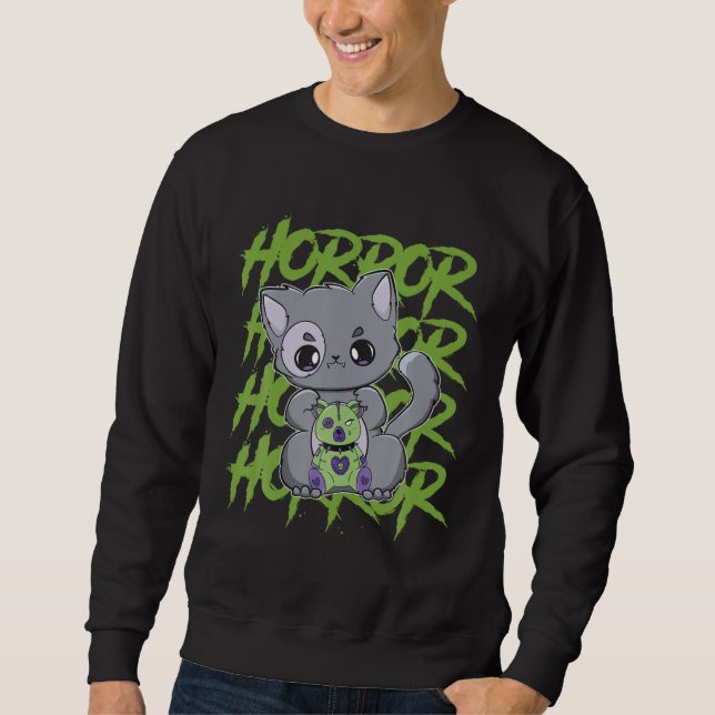 Black Cat With Eddy Bear For Horror Fans Sweatshirt (Front)