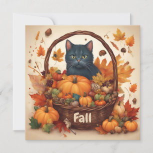 Black Cat with Fall Harvest Basket Brown Holiday Card