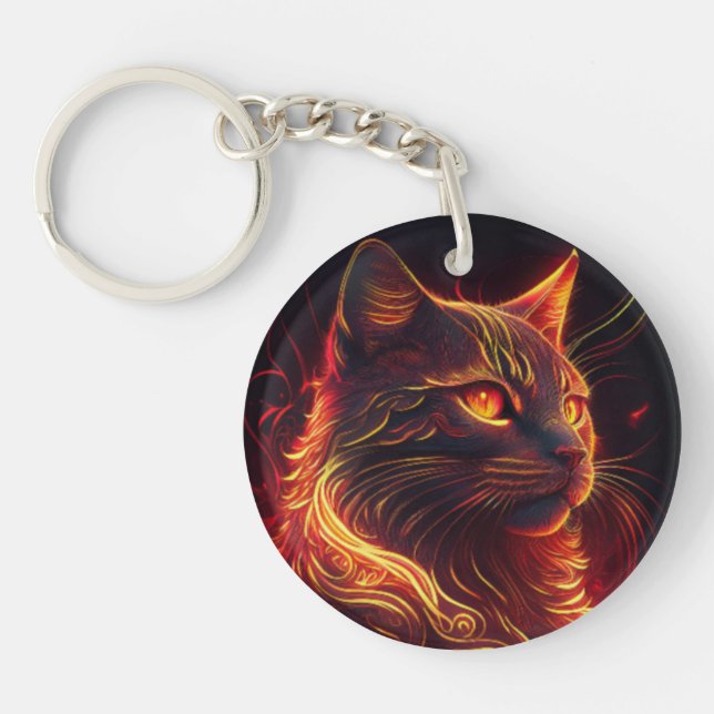 Black Cat With Fire Red & Golden Aura Key Ring (Front)