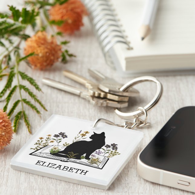 Black Cat with Floral Book Key Ring (Front Right)