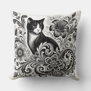 Black Cat with Floral Patterns in Monochrome Art Cushion