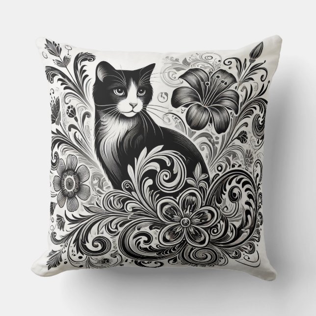 Black Cat with Floral Patterns in Monochrome Art Cushion (Front)