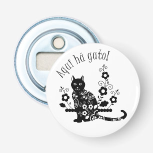 Black cat with flowers and Portuguese expression Bottle Opener