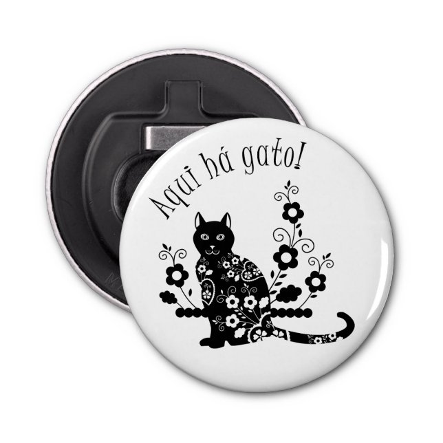 Black cat with flowers and Portuguese expression Bottle Opener (Front)