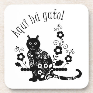 Black cat with flowers and Portuguese expression Coaster