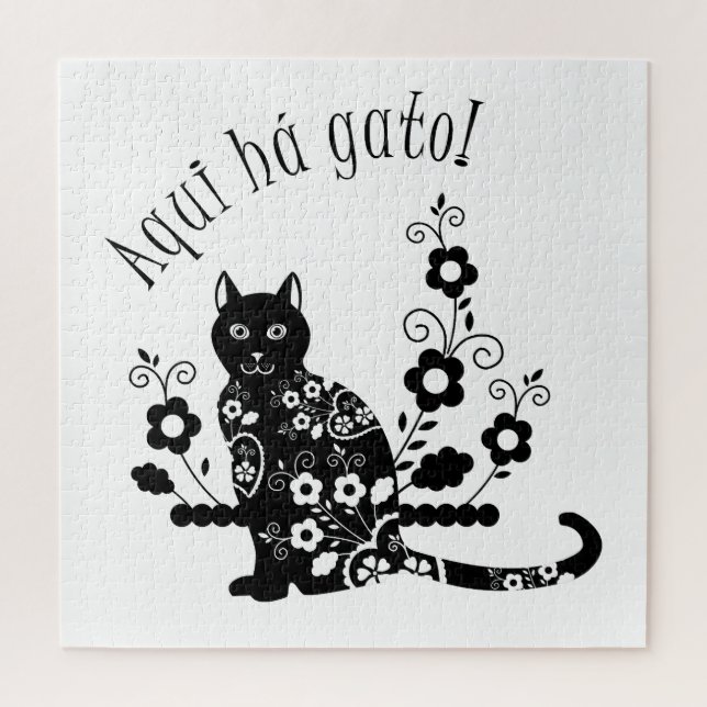 Black cat with flowers and Portuguese expression Jigsaw Puzzle (Vertical)