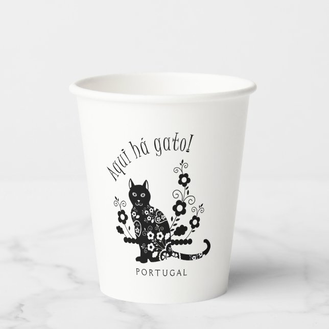 Black cat with flowers and Portuguese expression Paper Cups (Front)