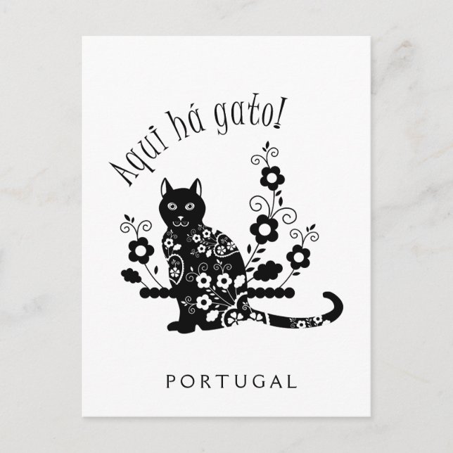 Black cat with flowers and Portuguese expression Postcard (Front)
