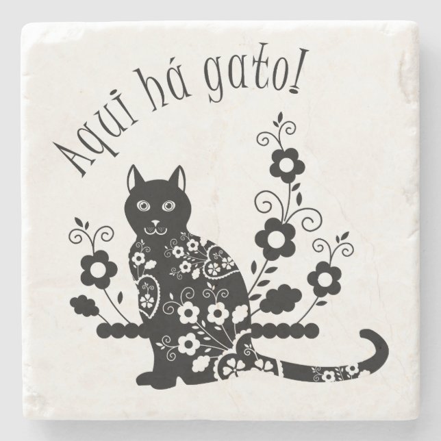 Black cat with flowers and Portuguese expression Stone Coaster (Front)