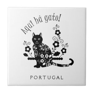 Black cat with flowers and Portuguese expression Tile