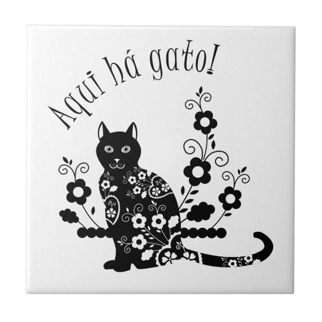 Black cat with flowers and Portuguese expression Tile (Front)