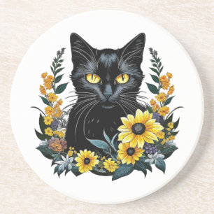 black cat with flowers coaster