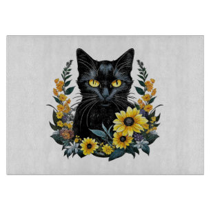 black cat with flowers cutting board