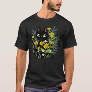 Black Cat With Flowers Daisy Garden Folk Cat T-Shirt