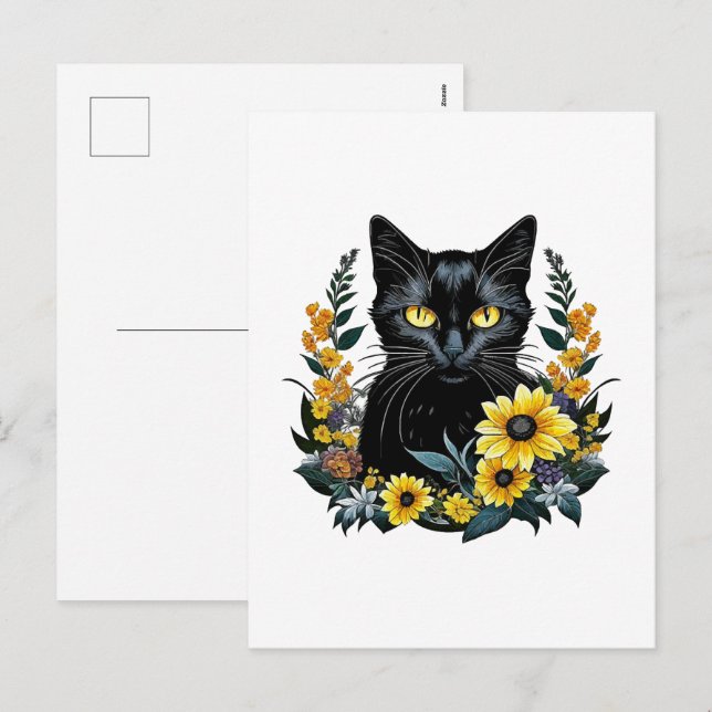 black cat with flowers holiday postcard (Front/Back)