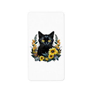 black cat with flowers label