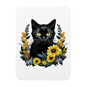 black cat with flowers magnet