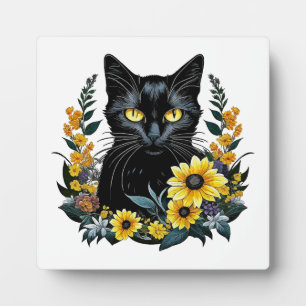 black cat with flowers plaque