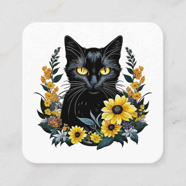 black cat with flowers square business card (Front)
