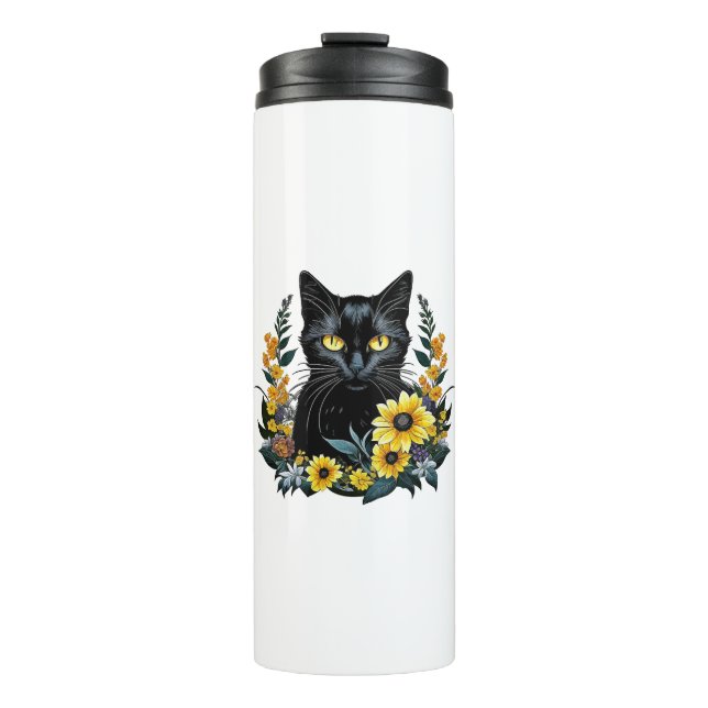 black cat with flowers thermal tumbler (Front)