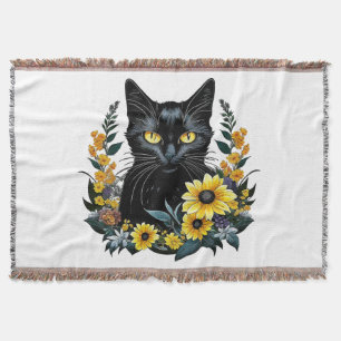 black cat with flowers throw blanket
