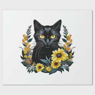 black cat with flowers wrapping paper