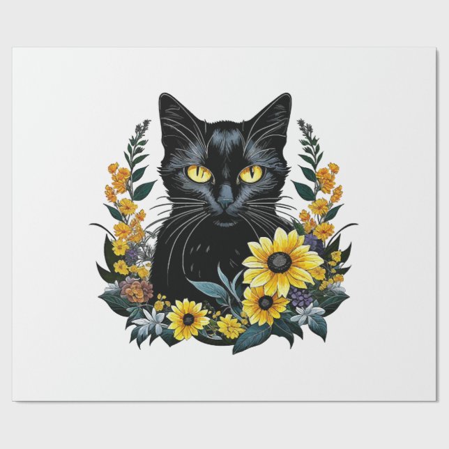 black cat with flowers wrapping paper (Flat)