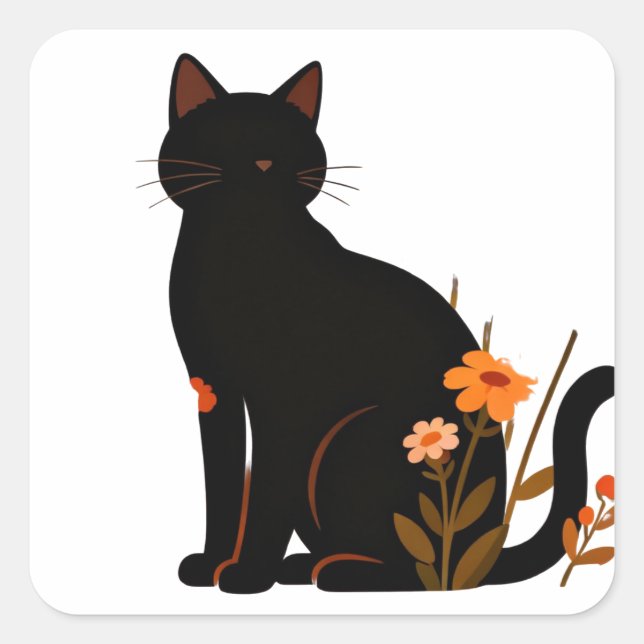 Black cat with flowery background square sticker (Front)