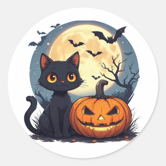 Black Cat With Flying Bats Halloween 🎃 Classic Round Sticker (Front)