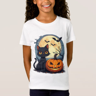 Black Cat With Flying Bats Halloween 🎃 T-Shirt