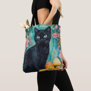 Black Cat with Fruit Tote Bag