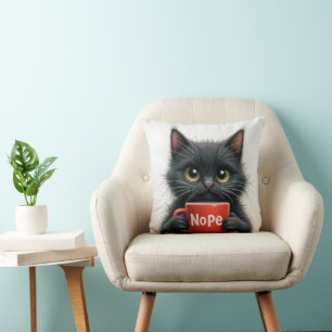 Black Cat With Fun Coffee Mug Cushion