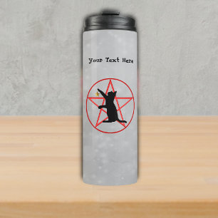 Black Cat With Gold Star on Red Pentagram Grey Thermal Tumbler