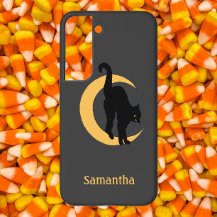 Black Cat with Golden Eyes on a Crescent Moon Samsung Galaxy Case