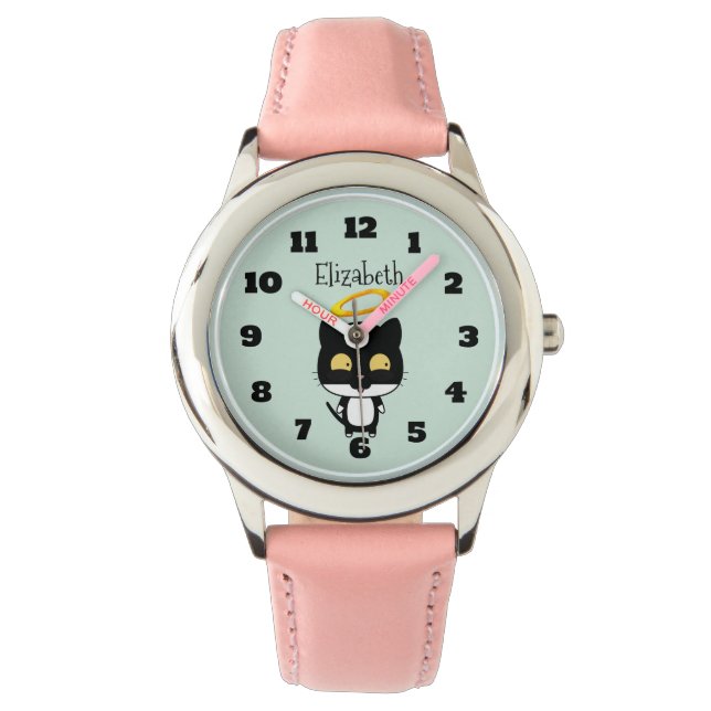 Black Cat With Golden Halo Cute Angel Personalised Watch (Front)