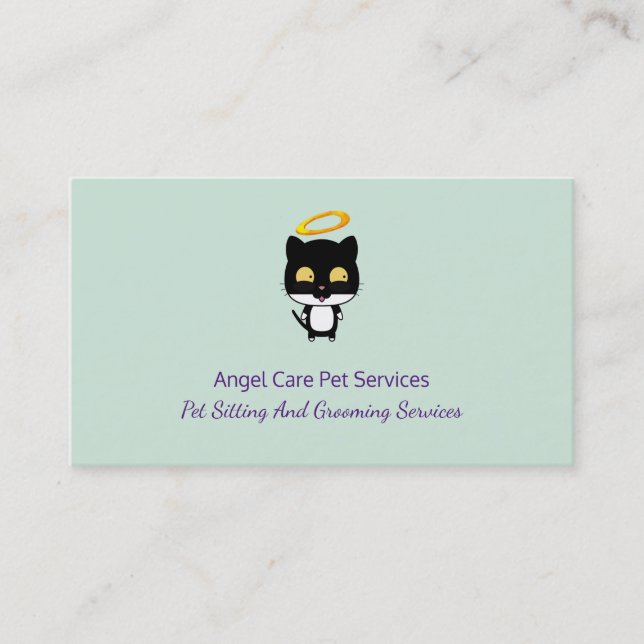 Black Cat With Golden Halo Cute Angel Pet Care Business Card (Front)