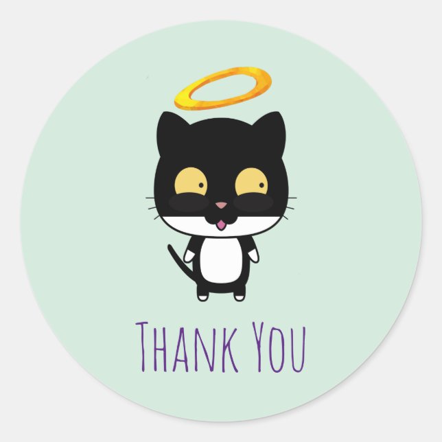 Black Cat With Golden Halo Cute Angel Thank You Classic Round Sticker (Front)
