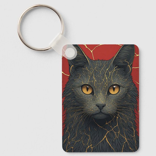 Black Cat With Golden Kintsugi Cracks Accent ✨ Key Ring (Front)