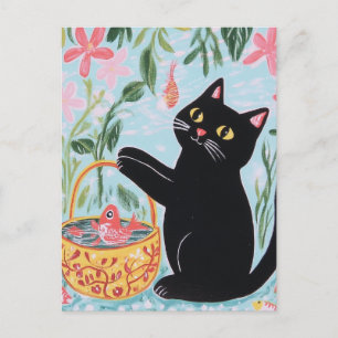 Black Cat with Goldfish Postcard