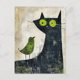 Black Cat with Green Bird on Back Postcard