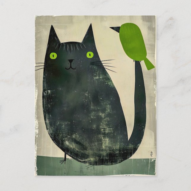 Black Cat with Green Bird on Tail Postcard (Front)
