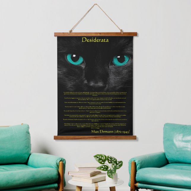 Black cat with green eye looking at you Desiderata Hanging Tapestry (Living Room)