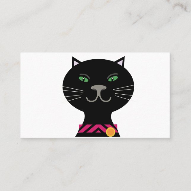 Black cat with green eyes and pink collar business card (Front)